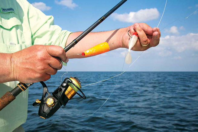 CLASSIC RIG: Beef up the components of this traditional inshore rig for offshore work. Inset, chugging the float draws the attention of pelagics.