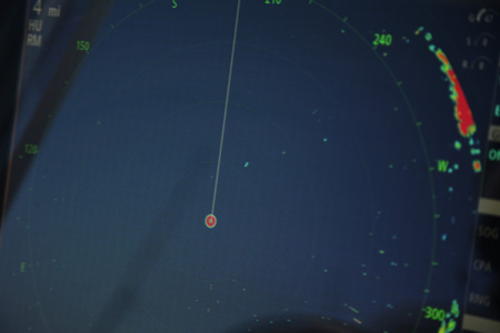 Note the birds on the author’s Simrad radar, at 1:00 o’clock from the center boat position.