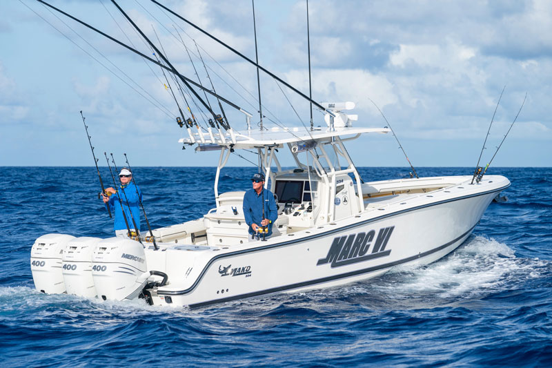 Canvas Print boat fishing trolling in deep blue ocean offshore